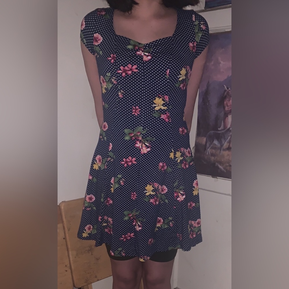 Floral white polka dots navy blue dress size xs